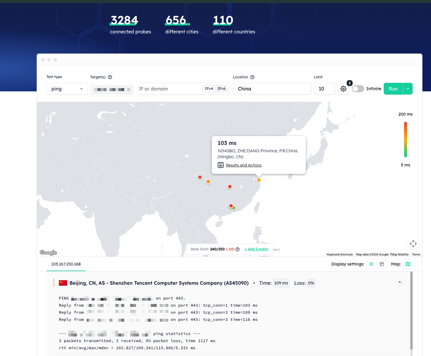Globalping reachability test results